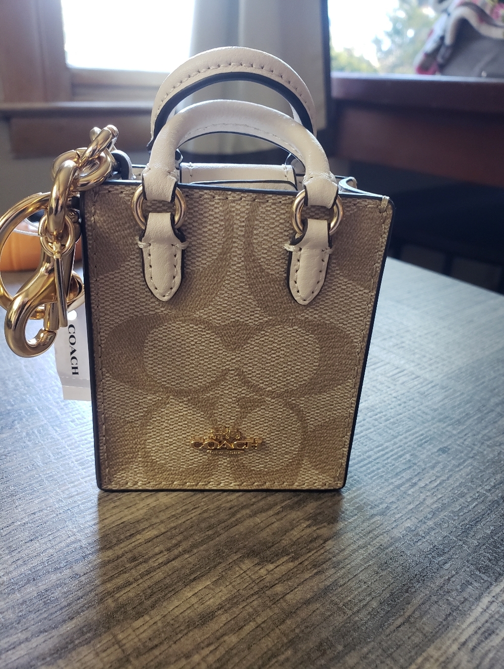 Authentic Coach Mini Tote Bag Key Chain Charm in Beige with White Handles-NWT